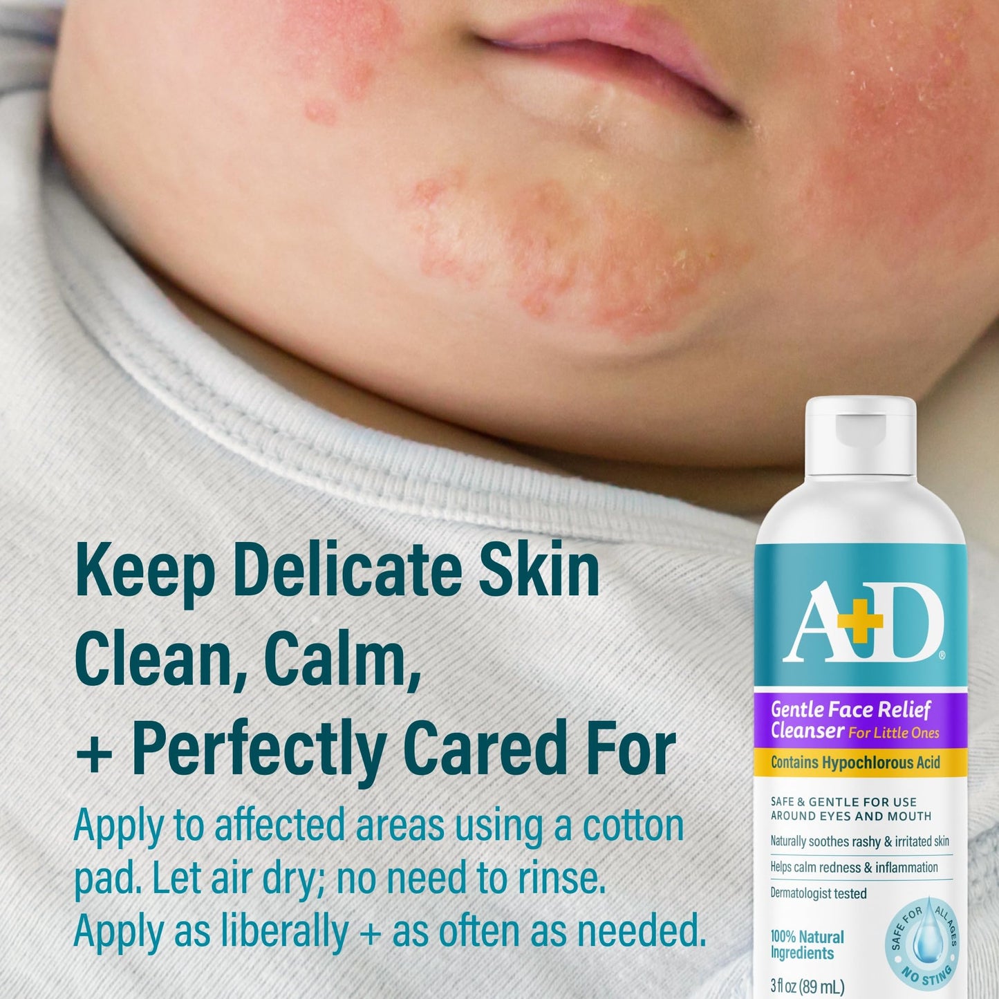 A+D Gentle Face Relief Cleanser for Little Ones - Hypochlorous Acid - 3 oz