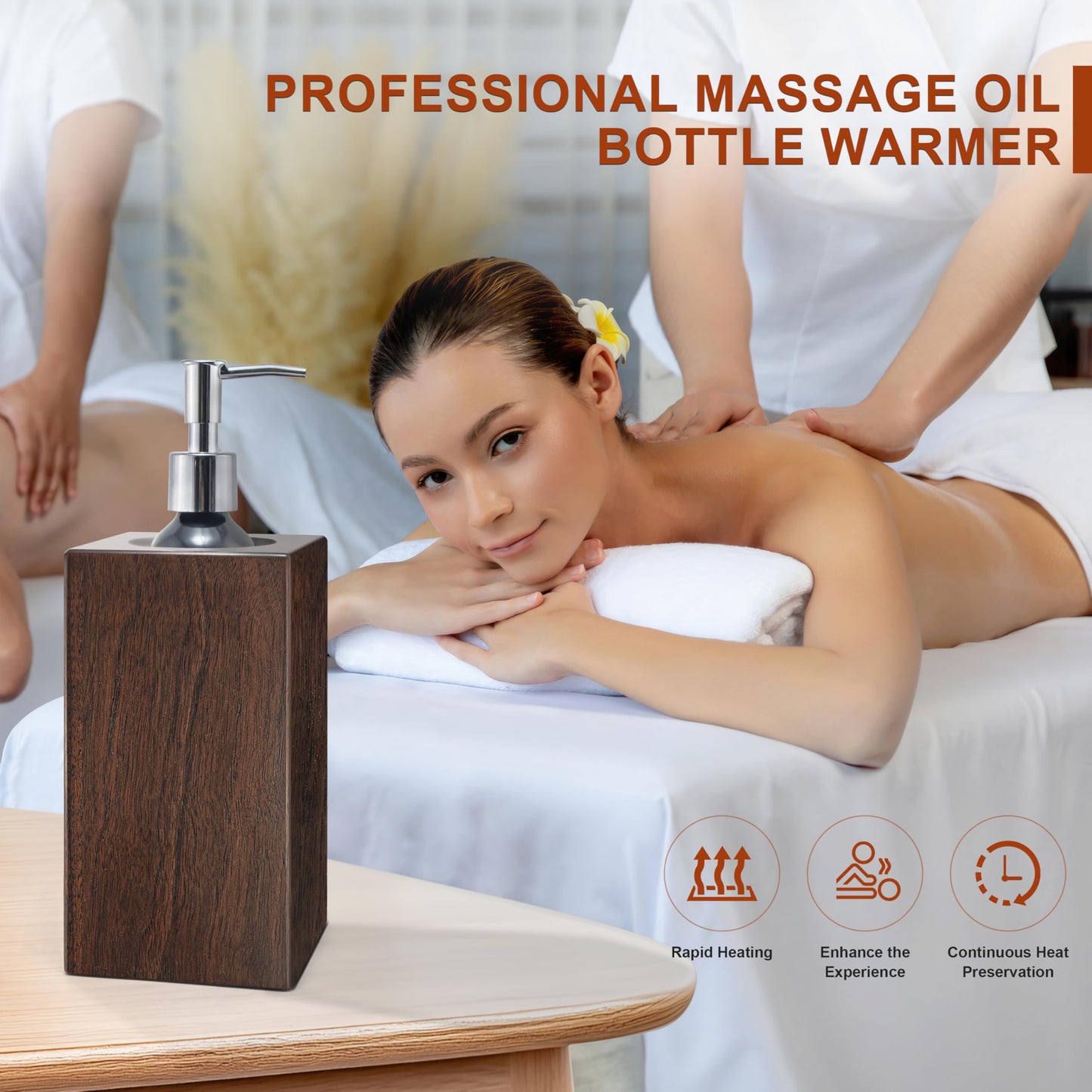 Walnut Wood Massage Oil Warmer Automatic Heating Faster with 2 Massage Oil Pump Bottles Lotion Warmer Dispenser Heated 122-140°F Suitable for Salon Spa Electric Oil Warmer Massage Elitzia ETAW02S