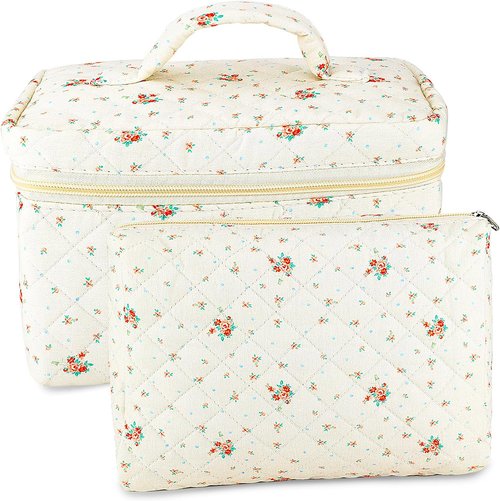 URSKYTOUS 2Pcs Cotton Quilted Makeup Bag for Women Extra Large Small Travel Cosmetic Bag Set Cute Red Floral Print Makeup Pouch Portable Toiletry Bag Organizer Coquette Vintage Puffy Travel Essential