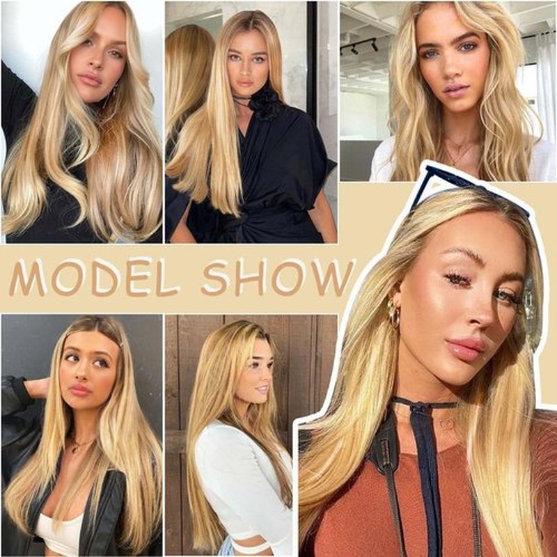 Clip in Hair Extensions,22 Inch Straight Hair Clip in Extensions Seamless Straight Hair Extensions Thick Long Synthetic Hairpieces For Women Natural Hair（Dark Blonde Highlighted Bleach Blonde）
