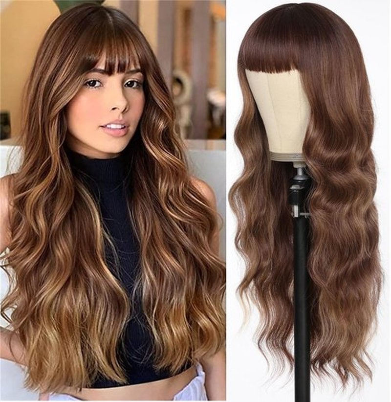 punhurt Brown Wig with Bangs for Women Long Wavy Hair Wig Brown Highlight Wig Curly Wavy Synthetic Wigs for Girls Daily Party Use