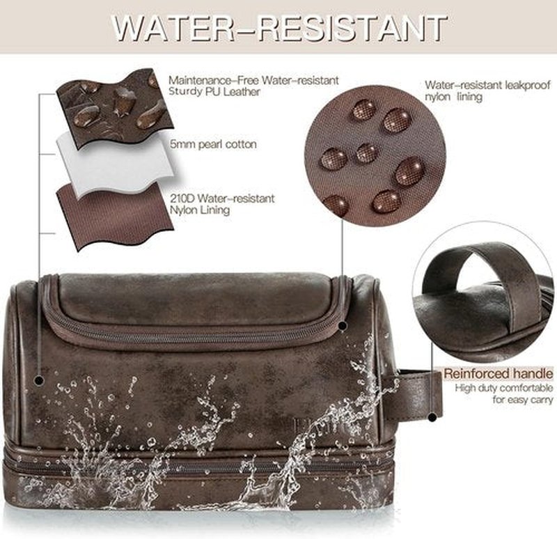 Elviros Toiletry Bag, Mens Leather Travel Organizer Kit with hanging hook, Large Water-resistant Toiletries Bathroom Shaving Bags for Women (Coffee)