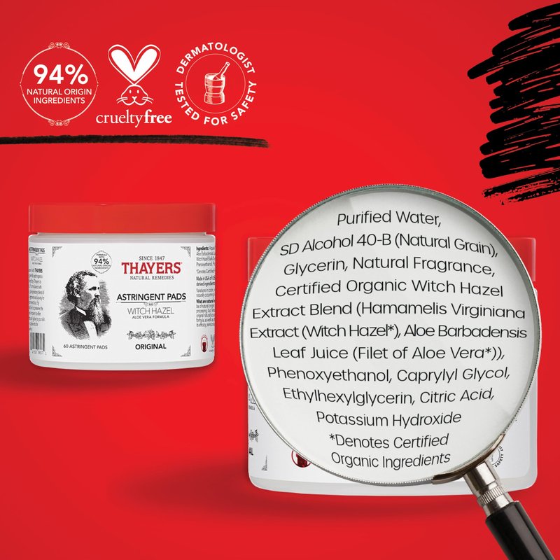 THAYERS Original Witch Hazel Astringent Pads with Aloe Vera Formula, 60 Count