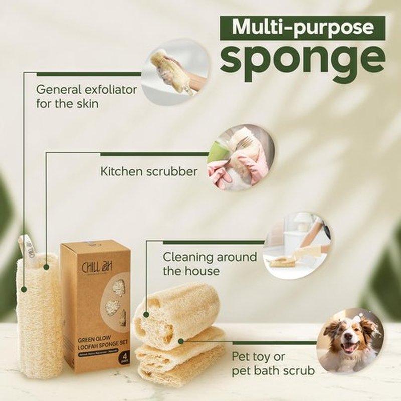 Chill Ah Green Glow Loofah Sponge Set – 100% Plant-Based, dye-Free, Biodegradable, Scratch-Free, Handcrafted in Vietnam (4-Pack)