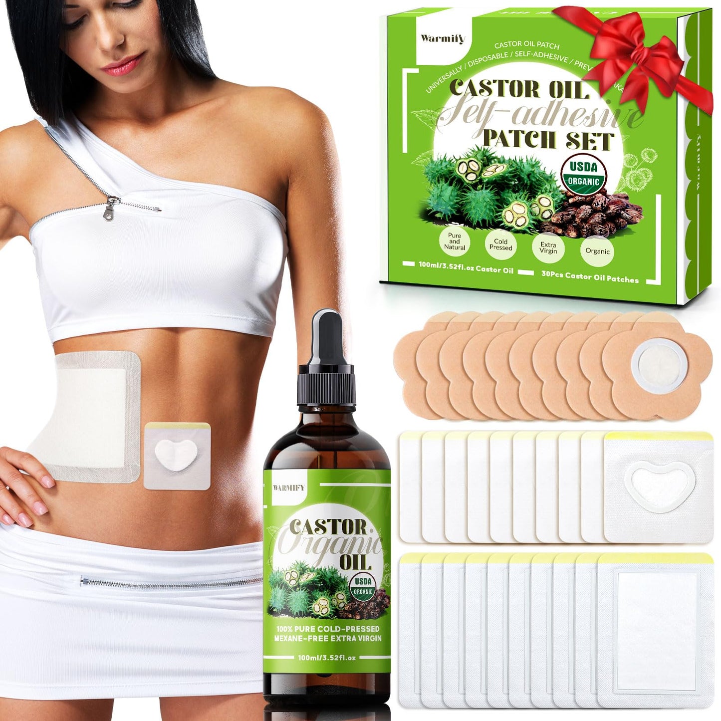 30 Pcs Castor Oil Patches with Castor Oil Organic Cold Pressed Unrefined Glass Bottle(3.5oz),Cotton Caster Oil Pack Wrap for Waist Back Neck Arm Belly,Self-Adhesive Disposable for Convenient Use