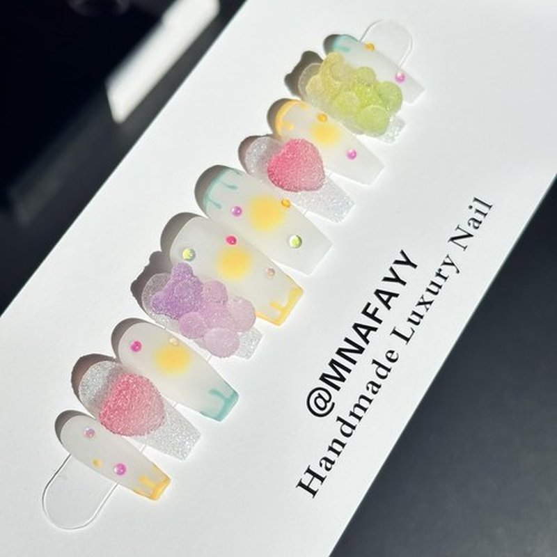 MNAFAYY 100% Handmade Nails Medium Candy Bear Press On Nails Luxury & Custom Fake Nails 3DReusable UV Finished False Nails, Hand-Painted Nails Nail Artist Salon With Gift Box Gifts for Women 10PCS S