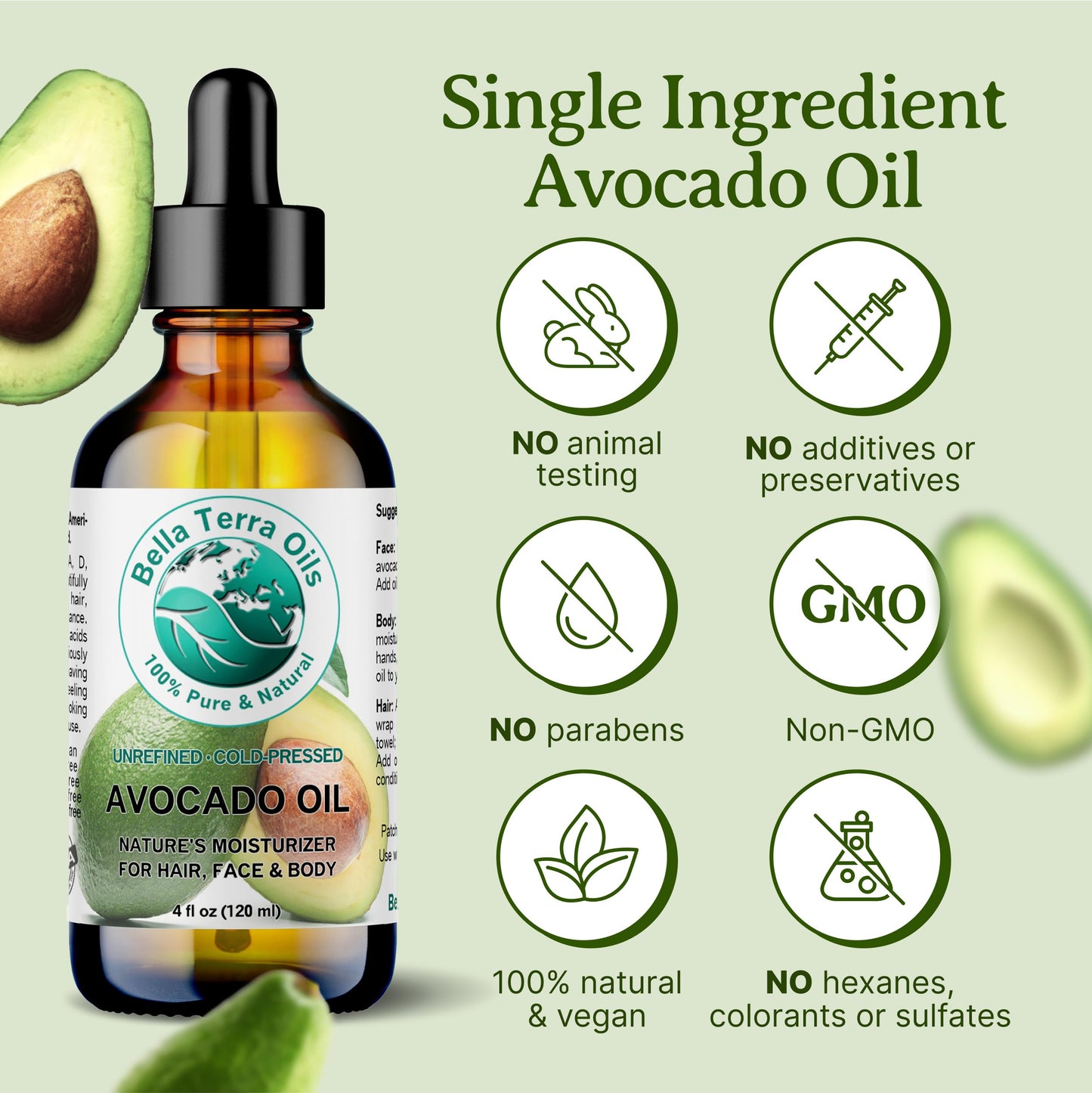 Bella Terra Oils - Avocado Oil 8 oz - Cold-Pressed Excellence, Brimming with Oleic Acid & B-Vitamins, Ideal Complement for Skin Care Regimens