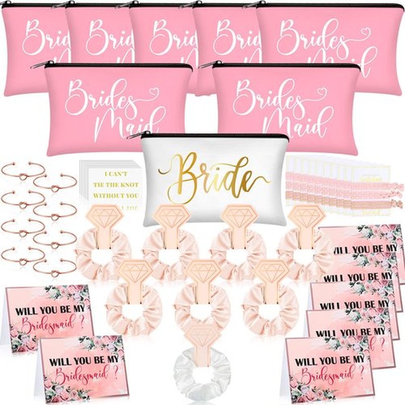 63 Pcs Bridesmaid Proposal Gifts Bulk Maid of Honor Gifts Matron of Honor Gifts Brides Bridesmaid Cosmetic Makeup Bag Hair Knotted Bracelets Invitation Cards for Wedding Bachelorette (Fresh Style)
