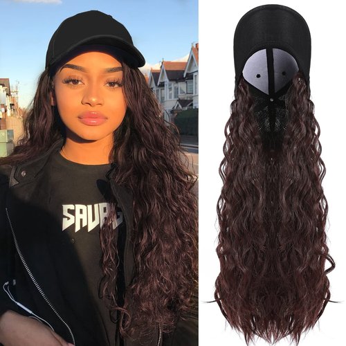 S-noilite 18" Baseball Cap Hats with Hair Attached Corn Wave Baseball Cap Wig with Hair Extension Adjustable Baseball Hat Wig for Women(18”-Corn Wave, Wine Red)