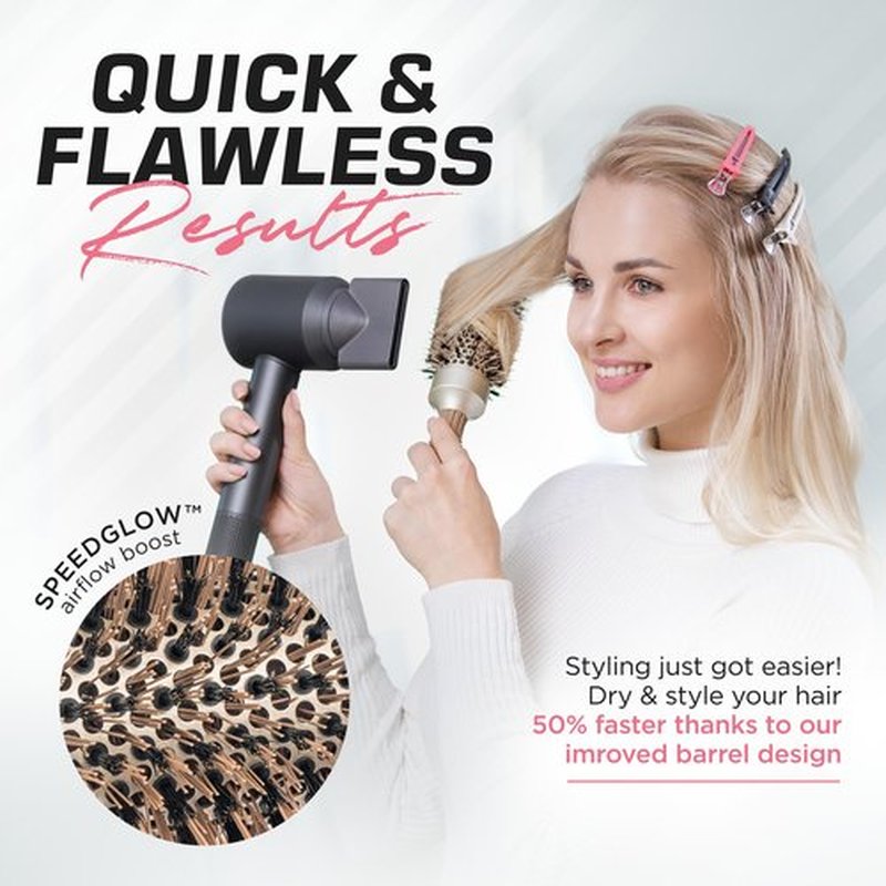 Fagaci Professional Round Brush with Natural Boar Bristle for Blow Drying, Nano Technology Ceramic + Ionic for Voluminous Healthy Hair Styling | Includes 4 Styling Clips