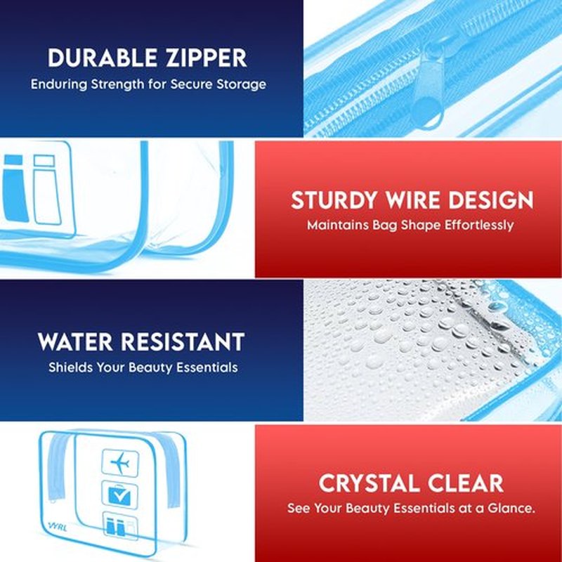 VYRL 2 Pack Clear Makeup Bag - Quart Size 3-1-1 TSA Approved Toiletry Bag with Zipper - Water-Resistant Durable PVC Clear Toiletry Bag for Carry-on Airport Travel Accessories - Blue