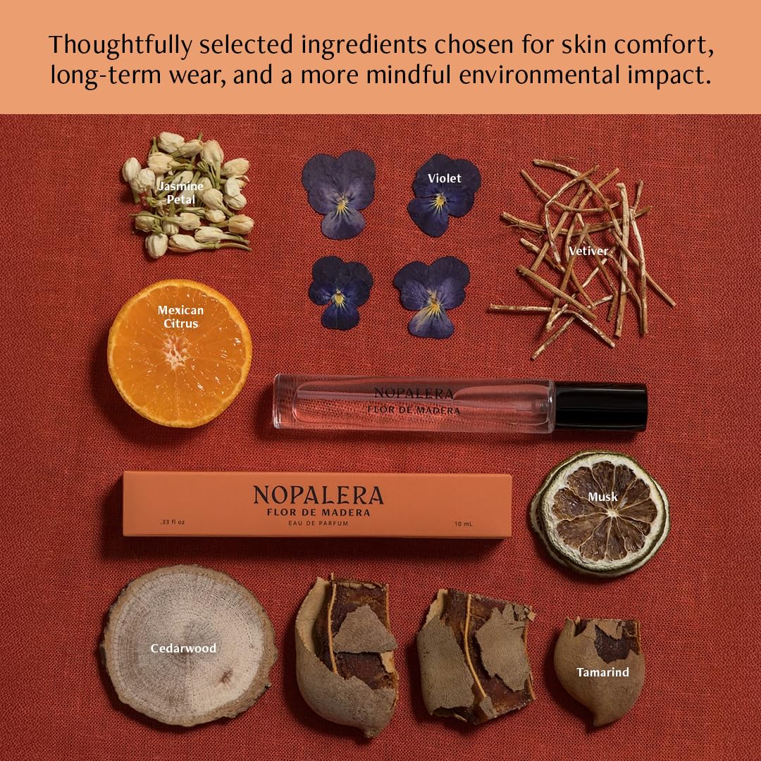 Nopalera Flor de Madera Eau de Parfum Travel Spray, Fresh Floral Woody Perfume with Tamarind, Mexican Citrus, Jasmine, Vetiver, Musk and Cedarwood, Clean Fragrance, Free from Pthalates 10ml