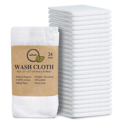 Softolle 100% Cotton Ring Spun Wash Cloths Pack of 24 (12x12 Inches)– Bulk Pack of Washcloths – Wash Cloth for Face, Highly Absorbent, Soft and Face Towels (White)
