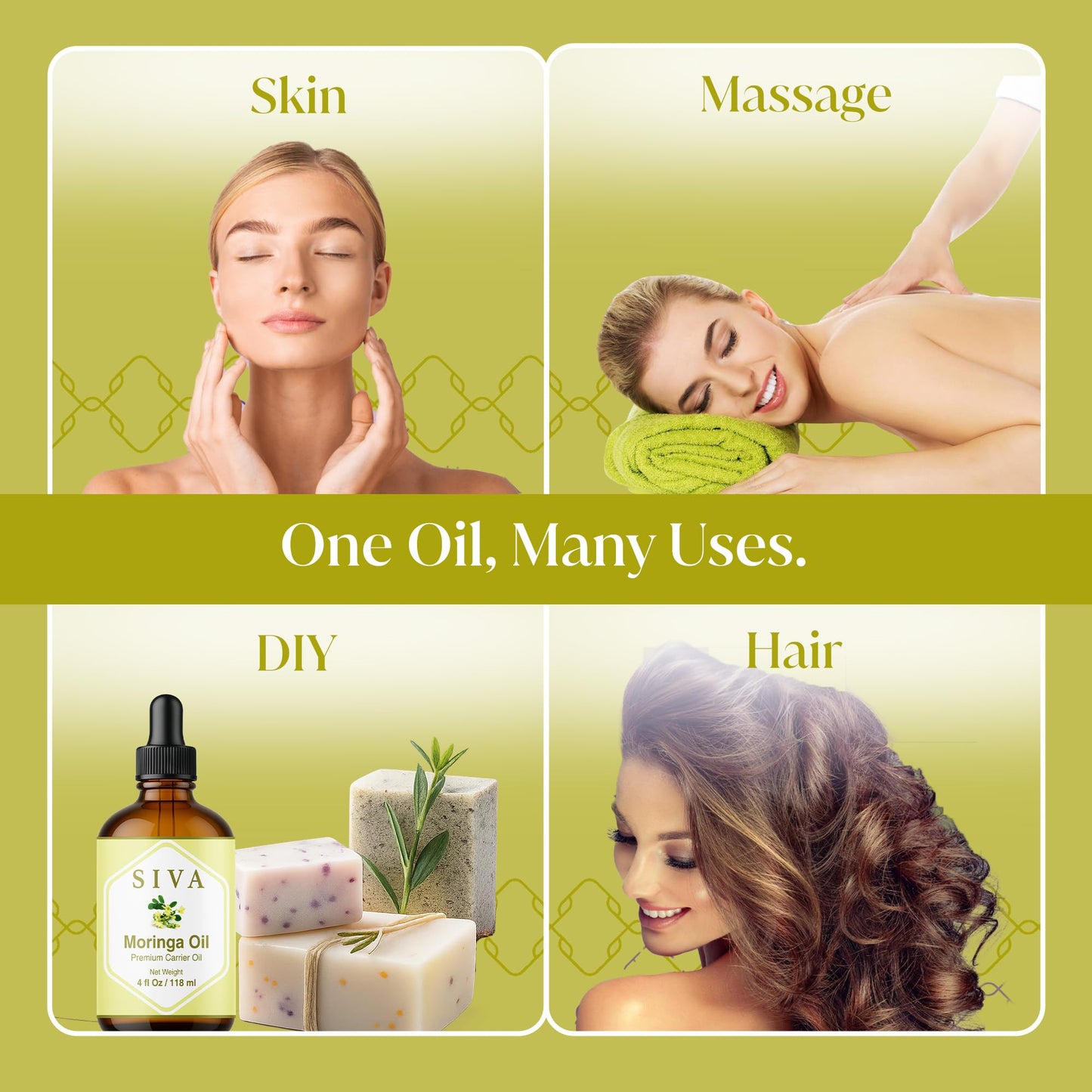 SIVA Moringa Carrier Oil 4oz (118 ml) Premium Cold-Pressed 100% Natural Carrier Oil With Dropper For Skin Care, Hair Care, Scalp Massage & Body Massage