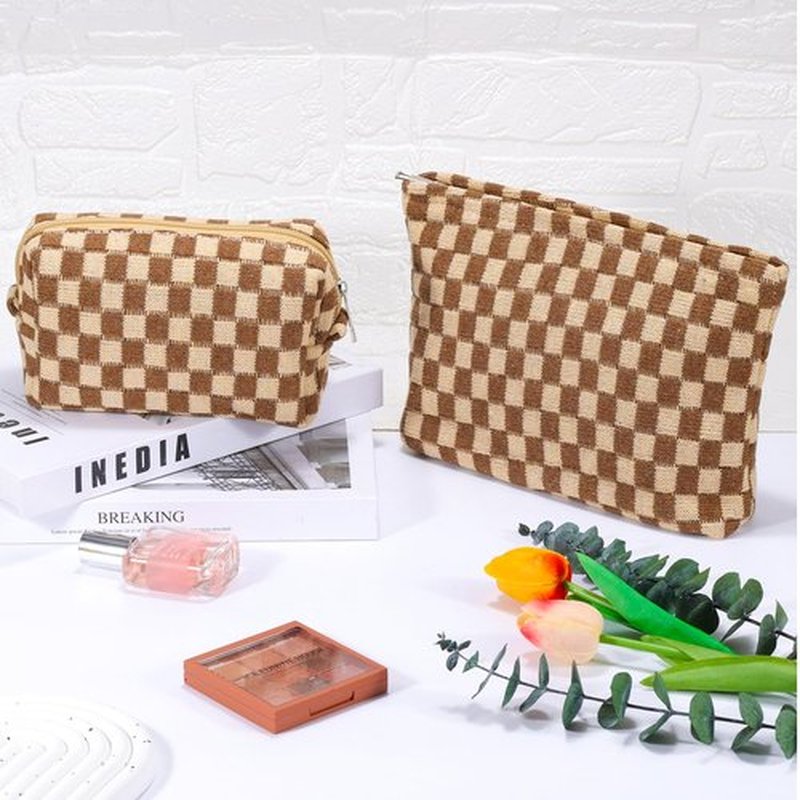 ZLFSRQ 2Pcs Checkered Makeup Bag for Women Large Cosmetic Bag Set Travel Toiletry Bag Makeup Pouch Bag for Purse Brown Zipper Storage Bag Organizer Cute Small Aesthetic Girls Car Essentials Bag