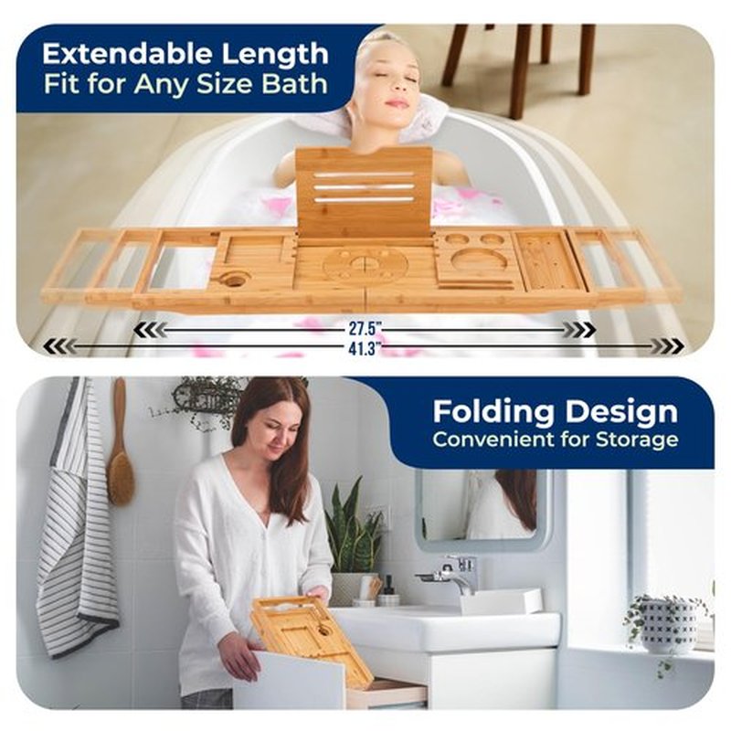 SereneLife Bamboo Bathtub Caddy with Adjustable Length, Non-Slip Handles, Integrated Device Holder and Wine Glass Slot - Expandable Design for Comfortable Bathing