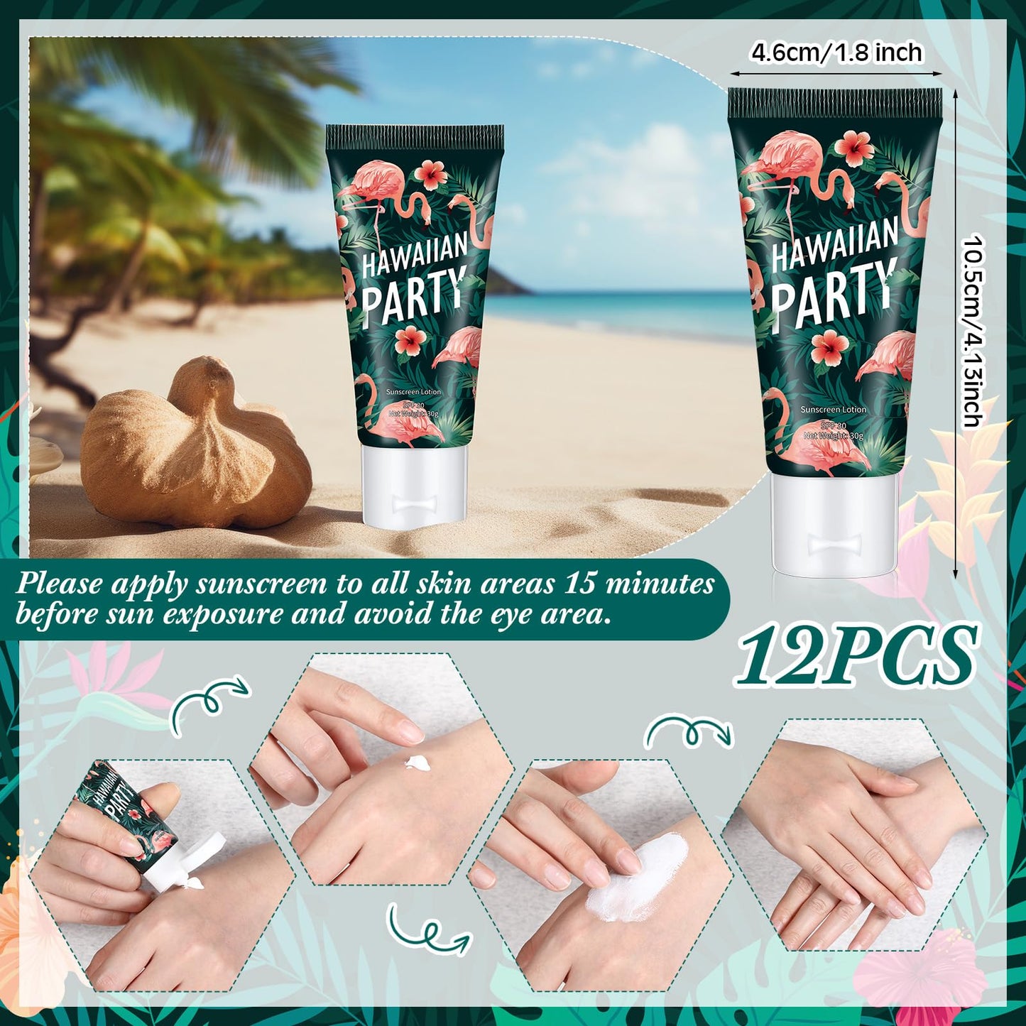 Dansib 12 Pcs Mini Sunscreen Bulk for Summer Party Wedding SPF 30 Water Resistant Sunscreen Lotion Bulk 1oz Travel Size for Thank You Gifts Wedding Supplies (Hawaiian Flamingo Party)