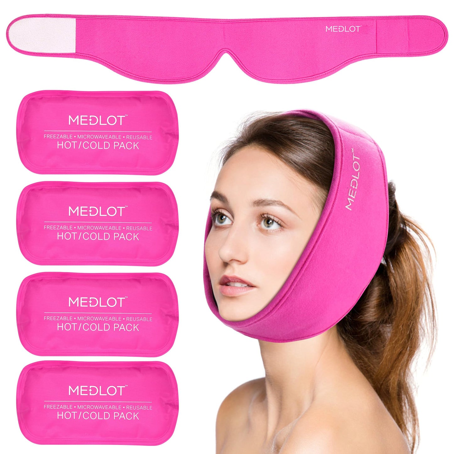 LotFancy Face Ice Pack Wrap with 4 Reusable Hot Cold Therapy Gel Packs, Pain Relief for TMJ, Wisdom Teeth, TMD, Oral and Facial Surgery, Dental Implants, Pink