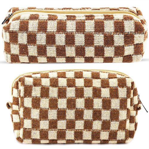 ZLFSRQ 2Pcs Checkered Makeup Bag for Women Pencil Pouch Travel Small Cosmetic Bag Set Cute Makeup Pouch Purse Pencil Case Pencil Bag Zippered Toiletry Bag Organizer Preppy Trendy Storage Bag(Brown)