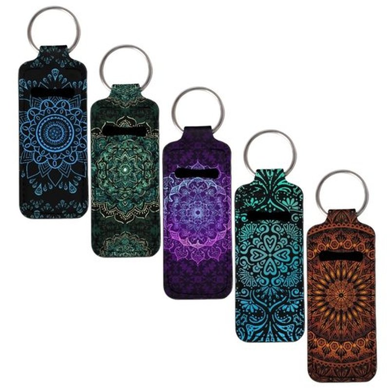SEANATIVE Mandala 5 PCS Chapstick Holder Keychain Clip-on Sleeve Chapstick Pouch Neoprene Keychains Lipstick Holder Lip Balm Holster Keychain Holder for Chapstick Tracker Travel Accessories