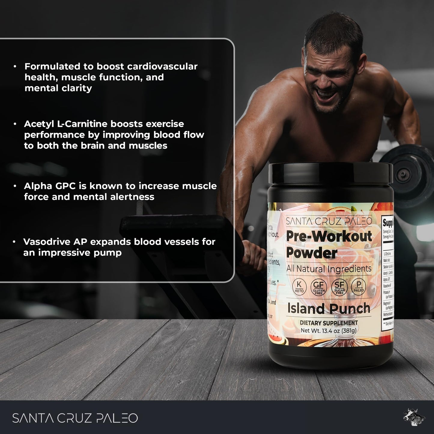Santa Cruz Paleo Pre Workout Powder Electrolytes, Magnesium, Potassium, Sea Salt & L Citrulline, Caffeine & Sugar Free Preworkout Drink Mix for Energy & Hydration, Island Punch Flavor, 30 Servings
