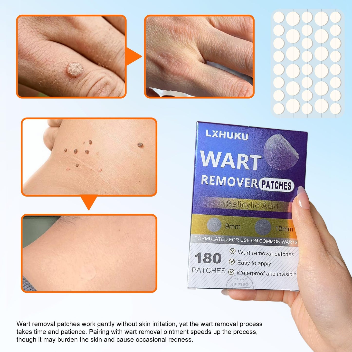 LXHUKU Maximum Strength Salicylic Acid Wart Remover Patches, Fast Gentle Removal, Discreet Long - Lasting, Ideal for Various Skin Blemishes Like Plantar, Common, Flat Warts, Corns and Calluses