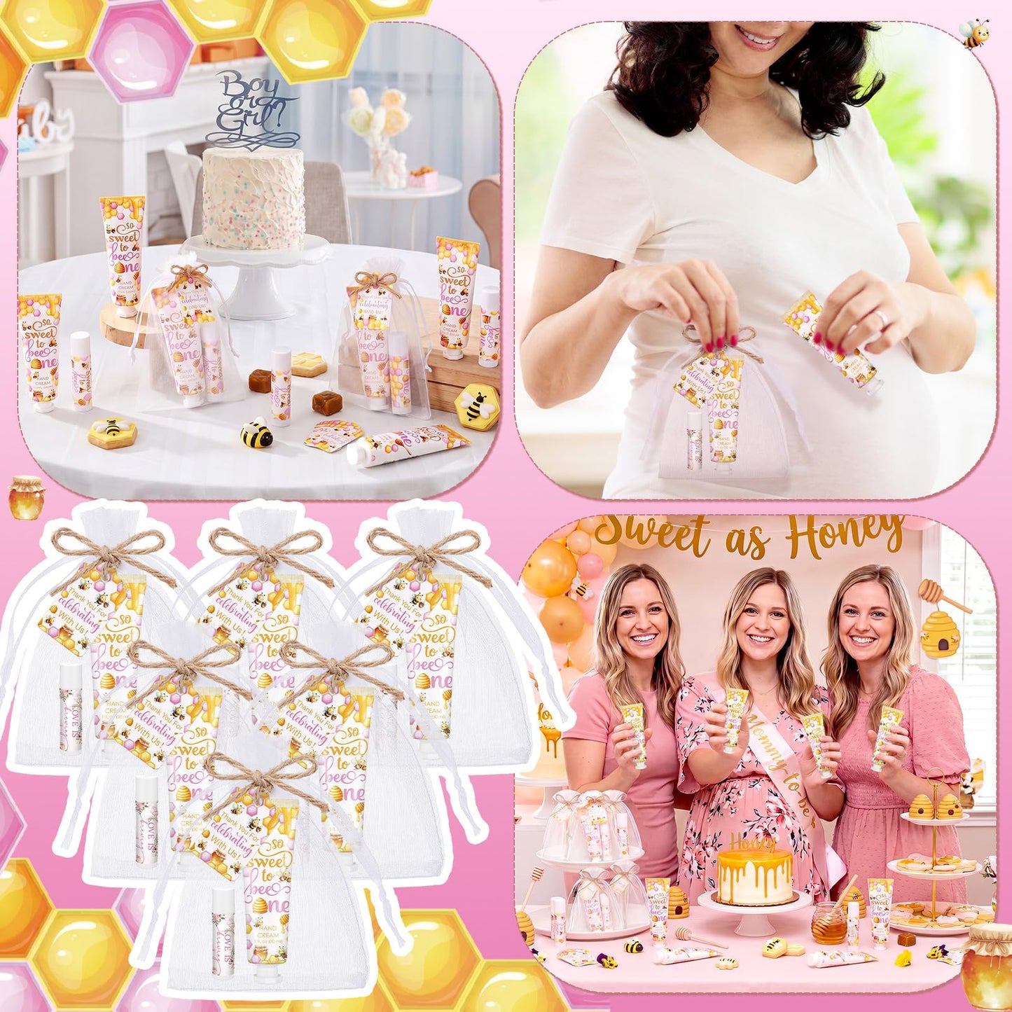 Dansib 24 Sets/96 Pcs Pink Honey Hand Cream and Lip Balm Gift Baby Shower Favors for Guest Thank You for Bee Travel Size Hand Lotion and Lip Balm Bulk Baby Shower Birthday Party Supplies