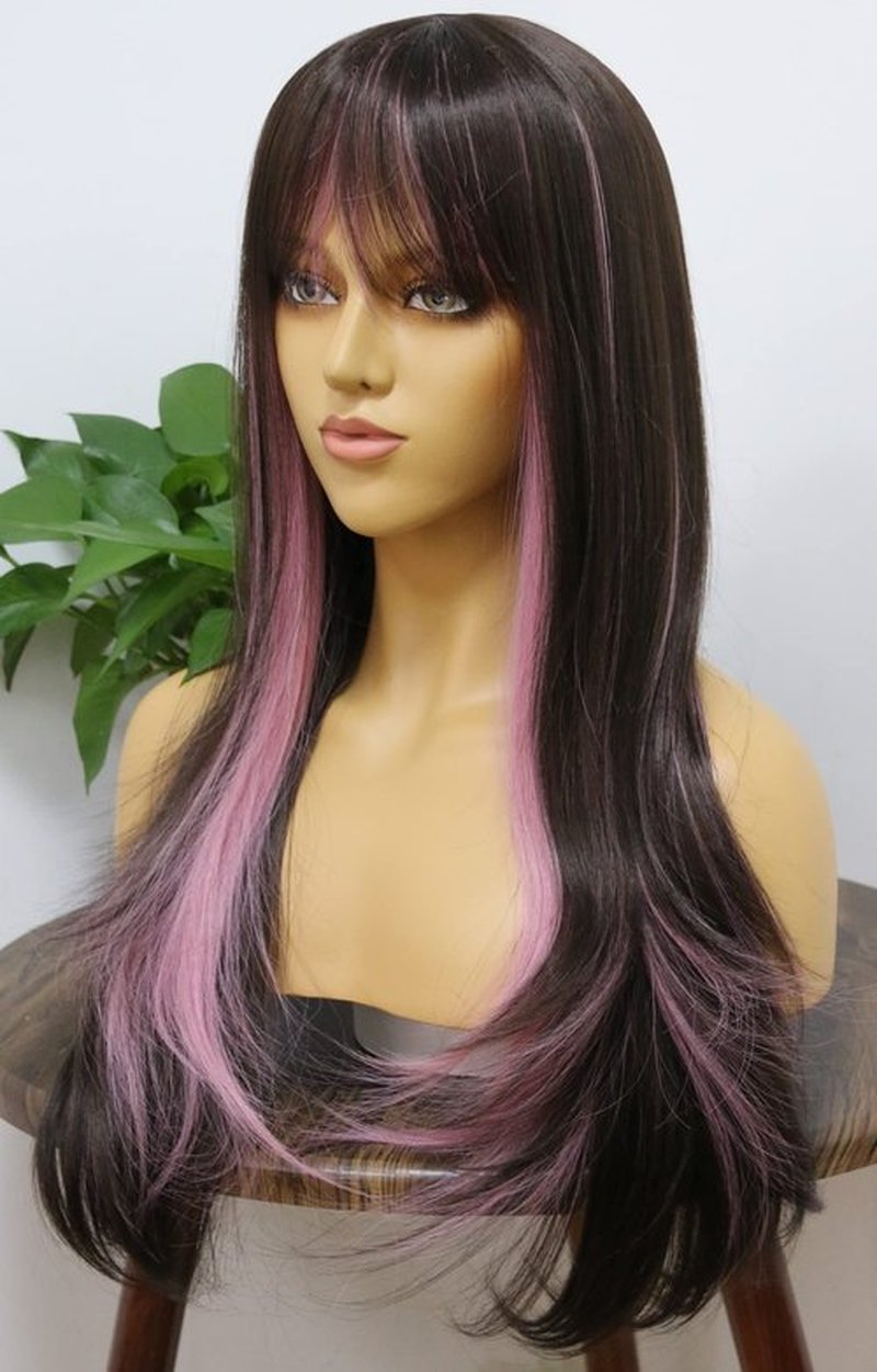 MSMYRNS Pink Highlights Dark Brown Color Mixed Bang Wig Heat Resistant Synthetic Wig Glueless Scalp Wig For Fashion Girls Hair Replacement Unit Party Cosplay Daily Use Natural Wavy Curly Wigs