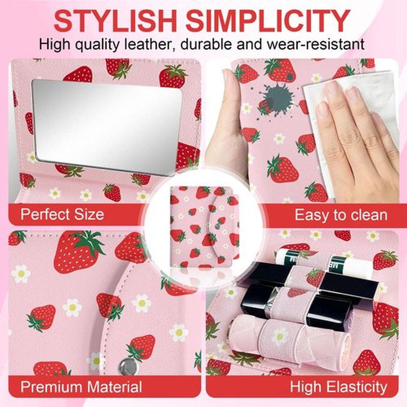LAOTANGJIA PU Lipstick Case Holder with Mirror,Holds 4pcs of Long Lipsticks,Lipstick Holder,Cute Makeup bag Travel Organizer Bag for Outside Mini Bag Pouch,Strawberry for Gift Women