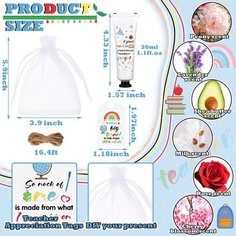 Dimsile 48 Set Valentine's Day Gifts for Teacher Appreciation Hand Cream Gifts Moisturizing Hand Lotion Thank You Teacher Gifts Travel Size Hand Cream with Cards Organza Bags for Dry Cracked Hands