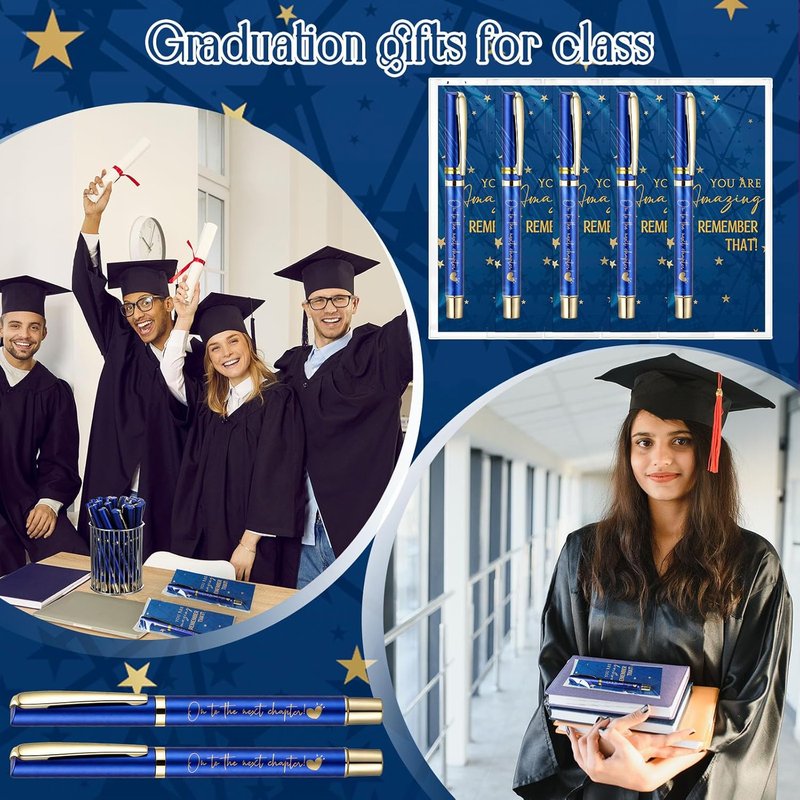 Graduation Pen Gift Set - 90 Pcs Class of 2026 Party Favors | 30 Ballpoint Pens, Inspirational Cards & Bags - Blue