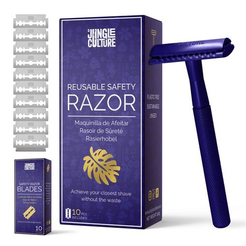 Jungle Culture Safety Razor with 10 Double Edge Blades • One Blade Metal Razors for Women & Men for Body & Face • Eco Friendly & Reusable Shaver • Sapphire Blue