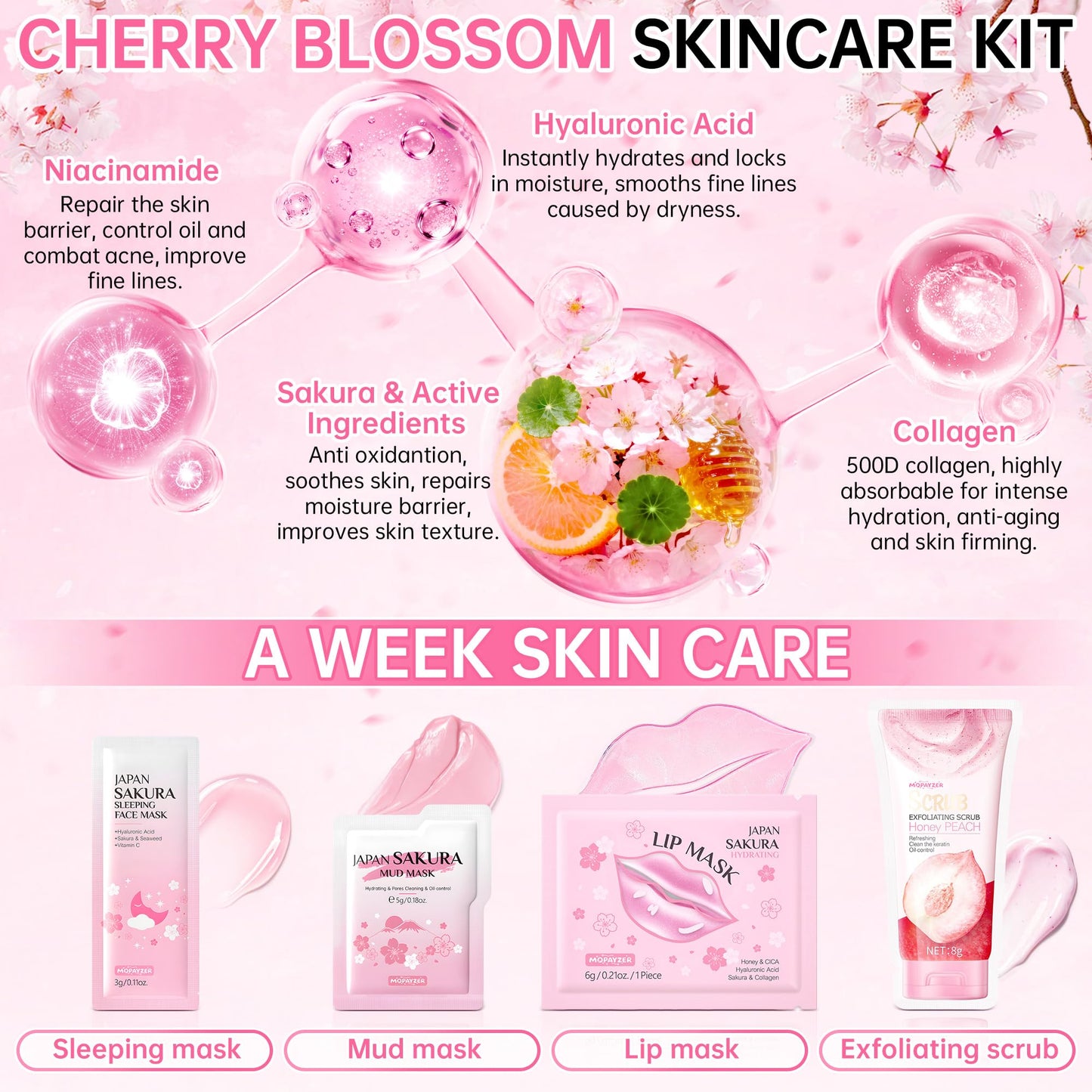 Sakura Skin Care Set for Teenage Girls, Lovely Travel Skincare Set for Women, 41-In-1 Spa Party & Sleepover Skincare Kit with Sleeping Face Mask, Mud Mask, Lip Mask & Exfoliating Scrub, Five of Each
