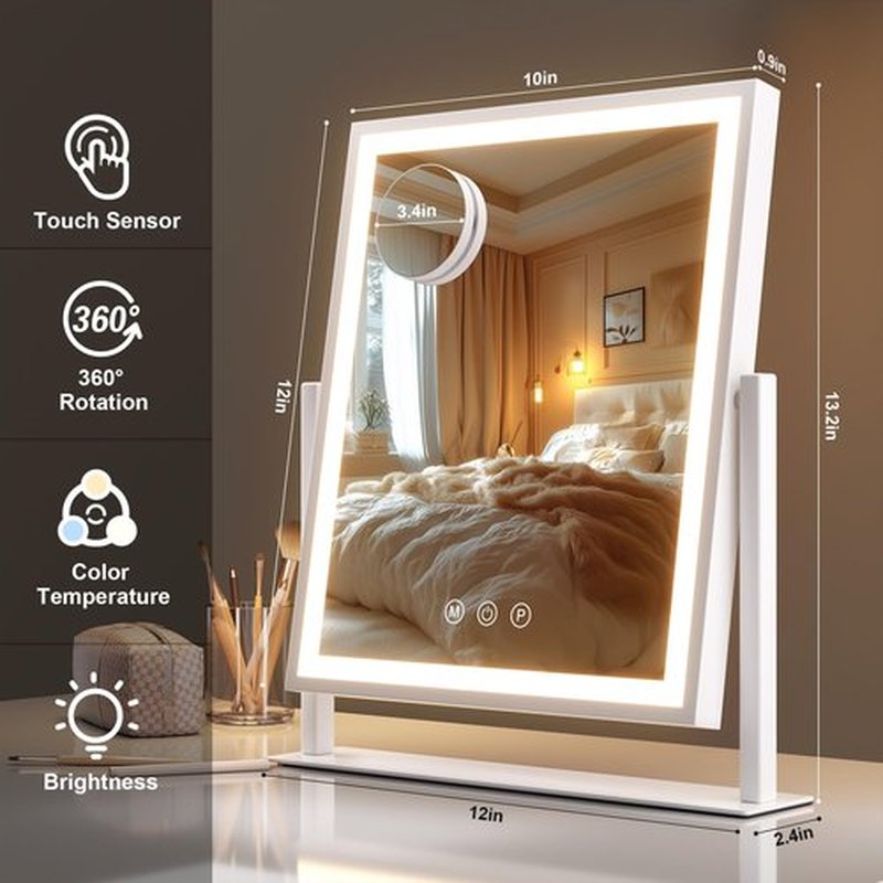 Hasipu Vanity Mirror with Lights, 10" x 12" LED Makeup Mirror, Light up Mirror with Smart Touch 3 Color Modes and Brightness Adjustment, 10X Magnifying Glass,360° Rotation