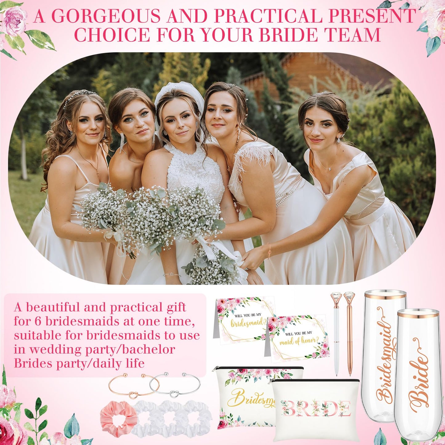 HyDren 35 Pcs Bridesmaid Proposal Gifts Maid of Honor Gift Include Champagne Flutes Makeup Bags Invited Cards Hair Scrunchies Bracelets Diamond Pens for Wedding Bachelorette(Cute Style,Pink)