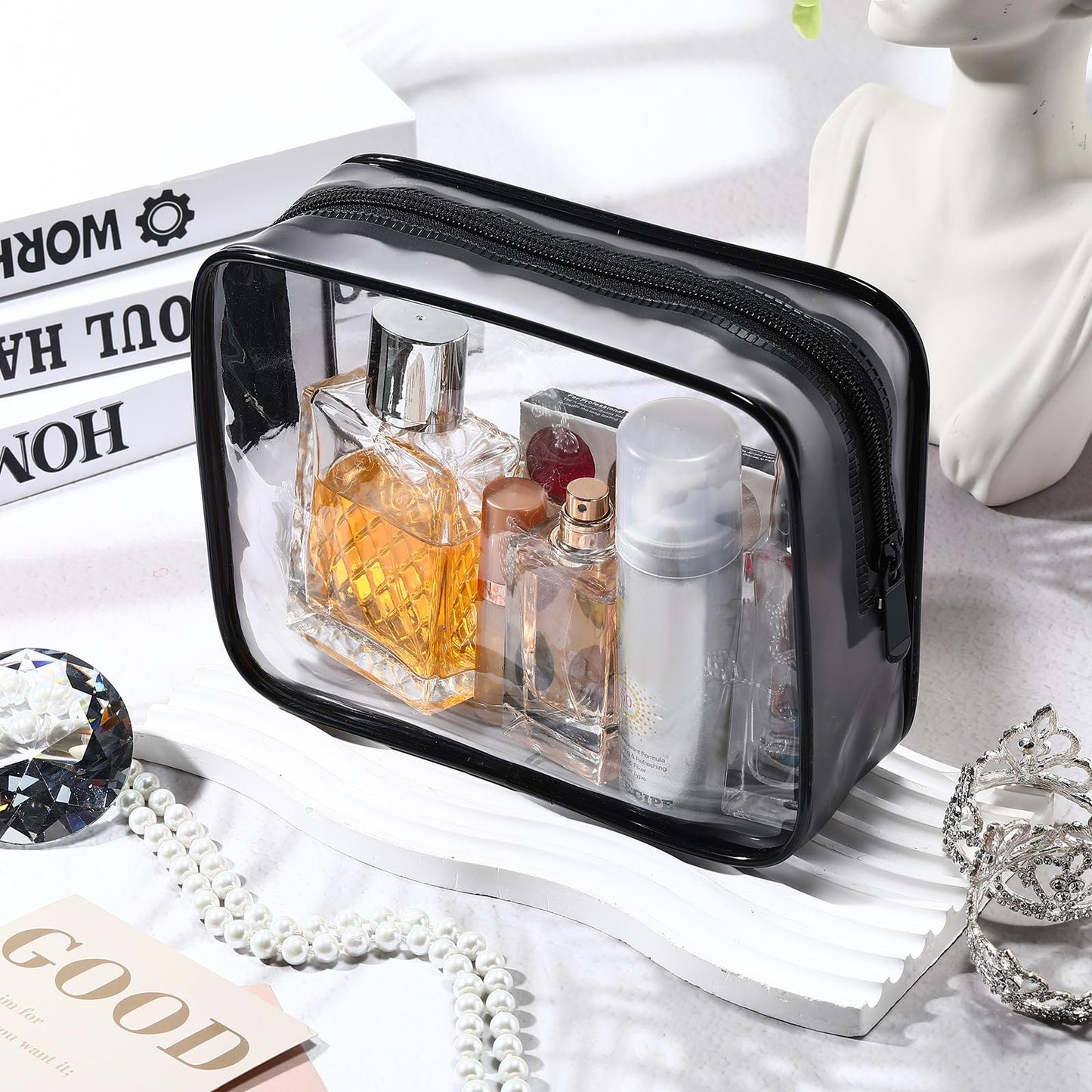 Weewooday 12 Pieces Clear Cosmetics Bag PVC Zippered Clear Toiletry Carry Pouch Cosmetic Makeup Bag Waterproof Makeup Vinyl Plastic Organizer Case for Vacation Bathroom(Dark Black,Medium)