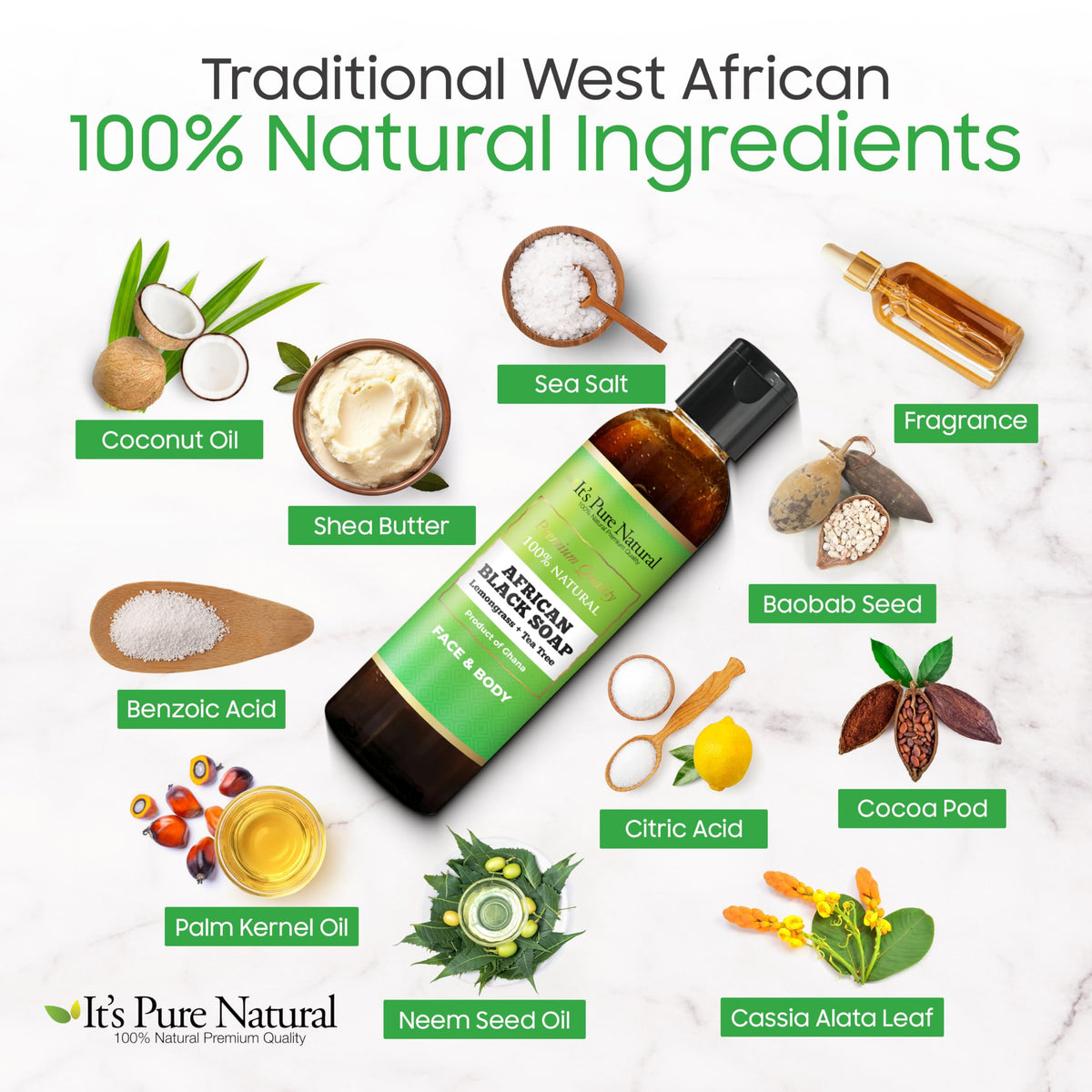It's Pure Natural African Black Soap, Liquid Form, Traditional Handmade Raw Soap with Shea Butter and Coconut Oil, Face and Body Cleanser, (8oz, Lemongrass + Tea Tree)