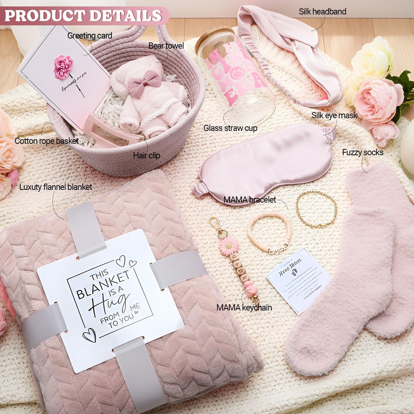 Newwiee 12 Pcs New Mom Package After Baby New Mom Gifts Set After Birth Baby Shower Gift Set with Blanket Postpartum Essentials for Mother Kit Pregnancy Gifts for First-time Mothers(Pink,Elegant)