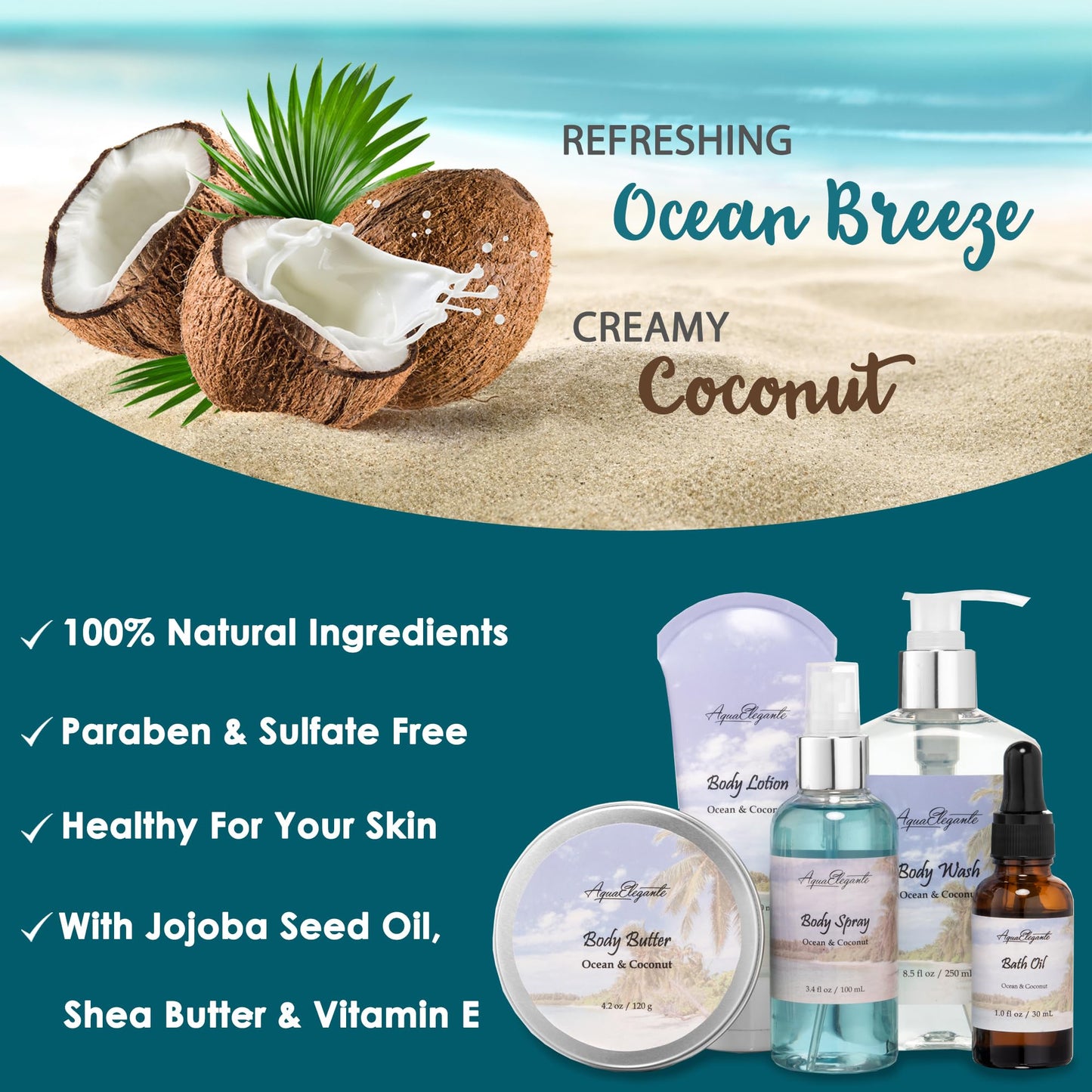 Aqua Elegante Spa Gift Basket For Women - Luxury Bath Set with Wash, Bubbles, Lotion, Body Butter, Soap, Towel, Shower Puff, Reusable Basket, Gifts for Mom, Wife, Girlfriend - Ocean & Coconut
