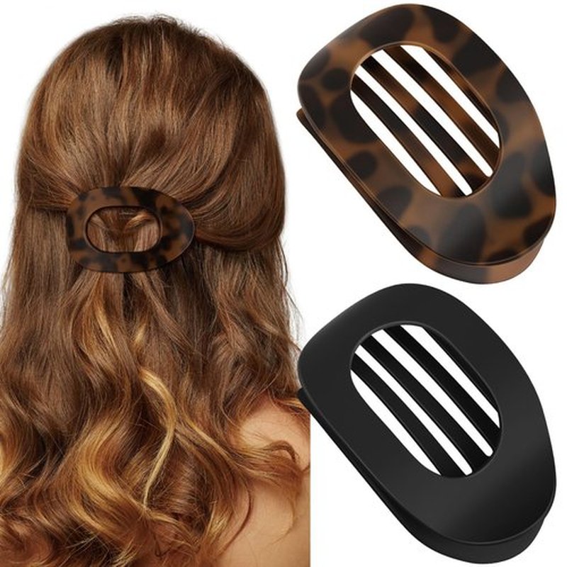 Oeusnael 2 PCS Flat Hair Clips, French Round Lay Down Claw Clips for Women Girls, Matte Non-slip Strong Hold Hair Clips for Thick Thin Curly Hair, Comfortable Curved Flat Hair Clips, Tortoise & Black