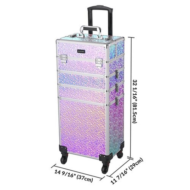 BYOOTIQUE Rolling Makeup Train Case 4in1 Cosmetic Trolley Organizer Travel Case Lockable Salon Barber Case Traveling Cart Trunk with Detachable Wheels for Makeup Artist Trave Nail, Softening Purple