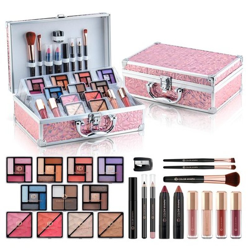 Color Nymph Makeup Case with Full Kit Cosmetics Set For Girls, Makeup Sets For Beginner Teenages Train Case Make Up Kit Cosmetics Box Includs Eyeshadow Lipstick Blush Lipgloss Mascara and Tools -Pink