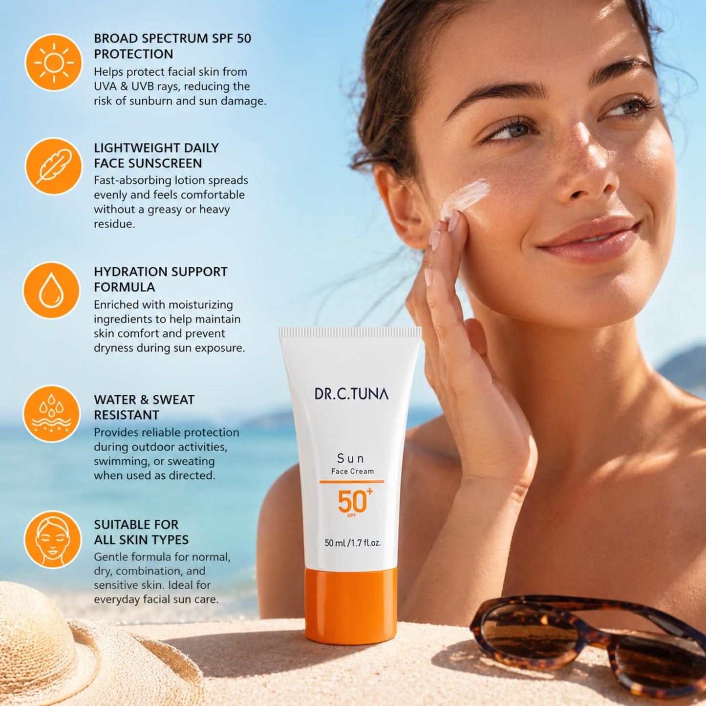 FARMASi Dr. C. Tuna Sun Face Cream Care SPF 50, Broad Spectrum UVA UVB Protection, Lightweight Water Resistant Sunscreen Lotion with Hydration Support, For All Skin Types, 1.7 fl oz