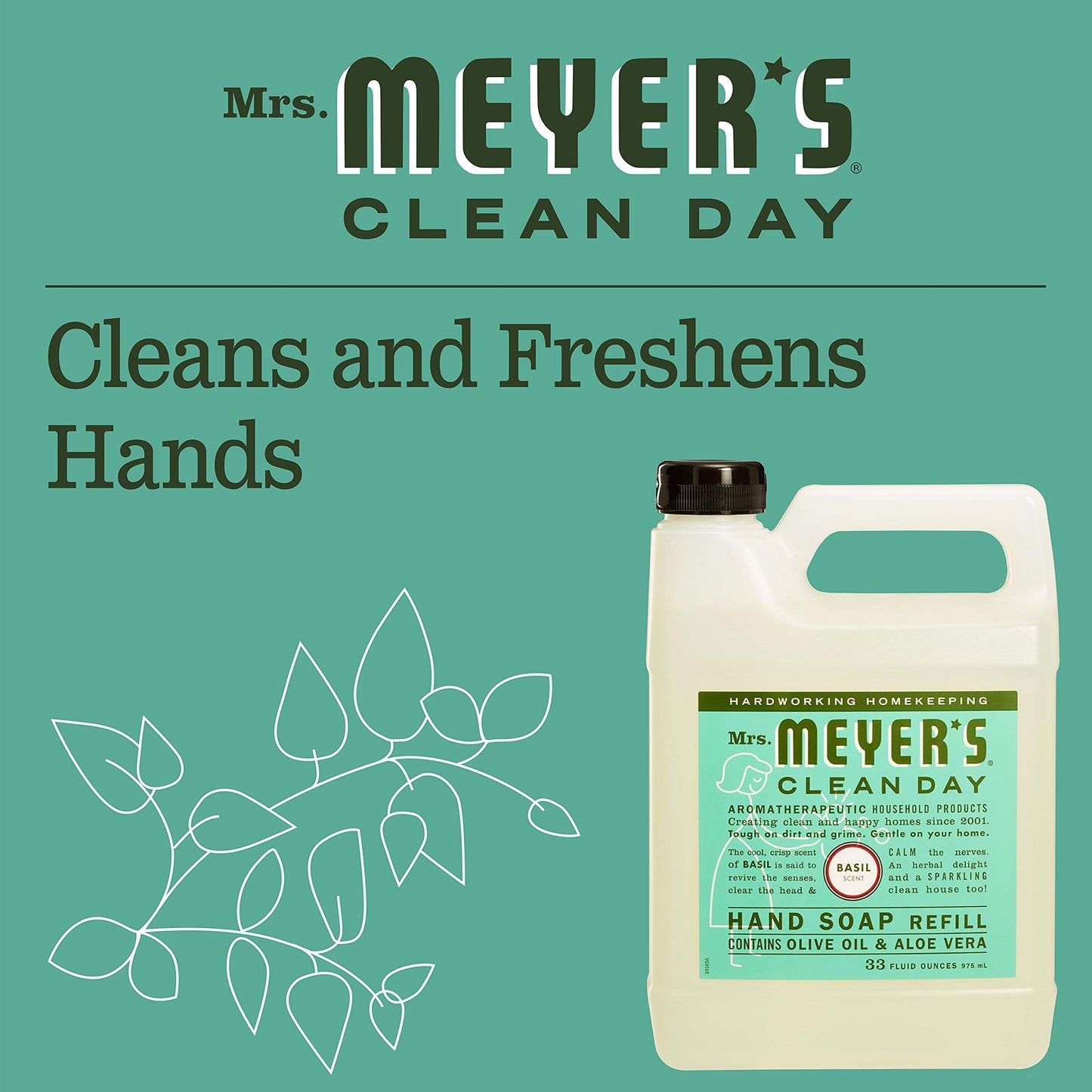 Mrs. MEYER'S Basil Scent Liquid Hand Soap Refill Bottle, 33 Fl oz. (Pack of 6)