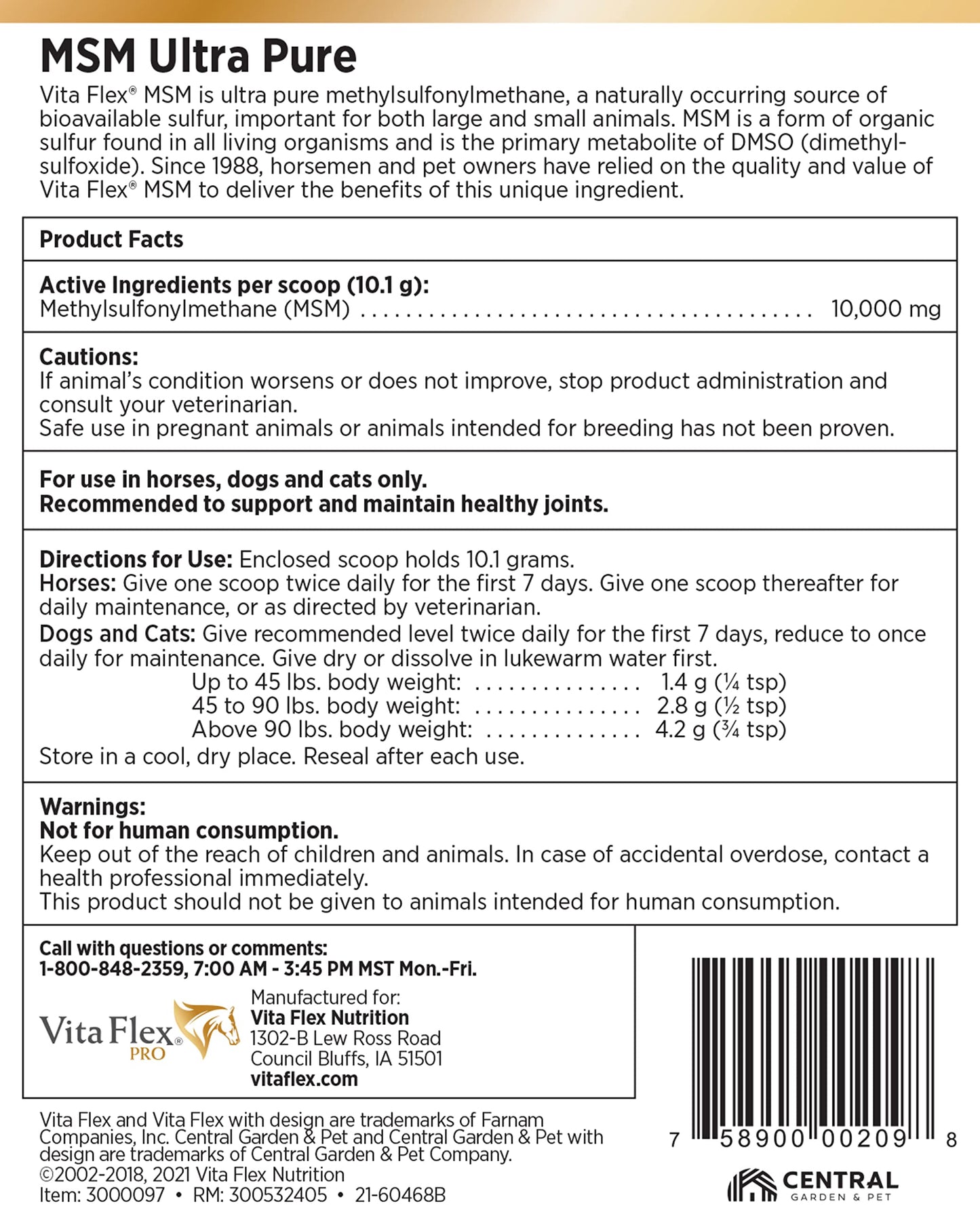 Vita Flex Ultra Pure Joint Supplement for Dogs, Horses & Cats, 4 Pounds – MSM Supplement, Equine MSM Powder for Healthy Joints, Collagen & Mobility Support, Odorless White Powder