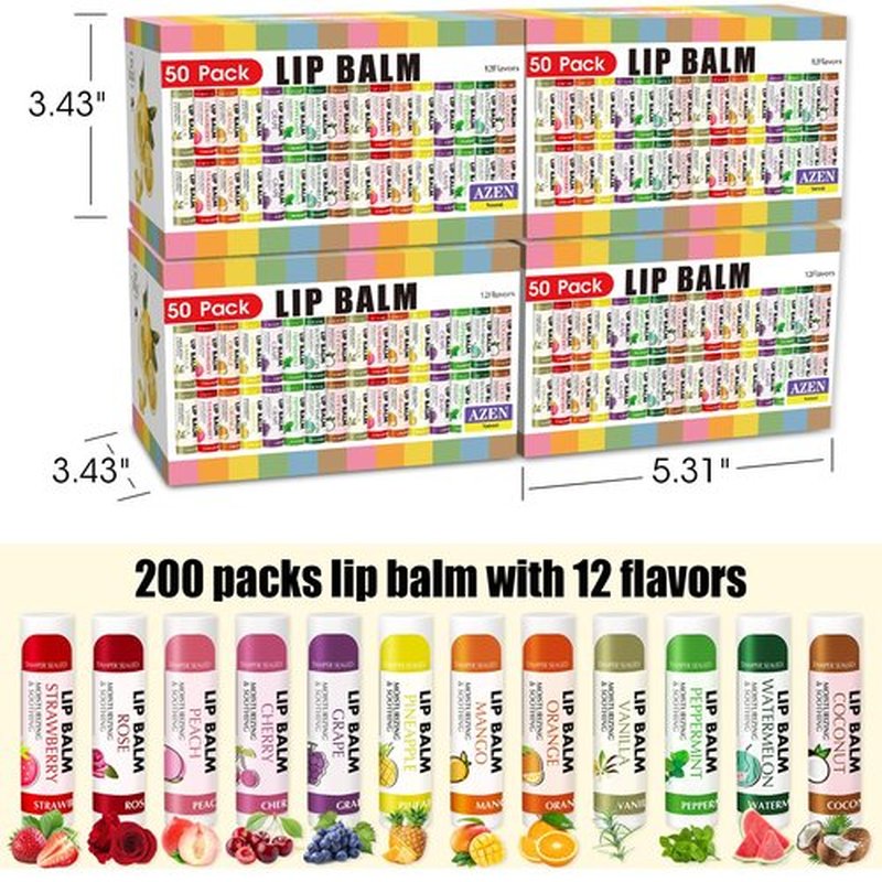 AZEN 200 Pack Lip Balm, Natural Lip Balm Bulk, Lip Care Product, Moisturizing Lip Balm for dry cracked lips - 12 Flavors