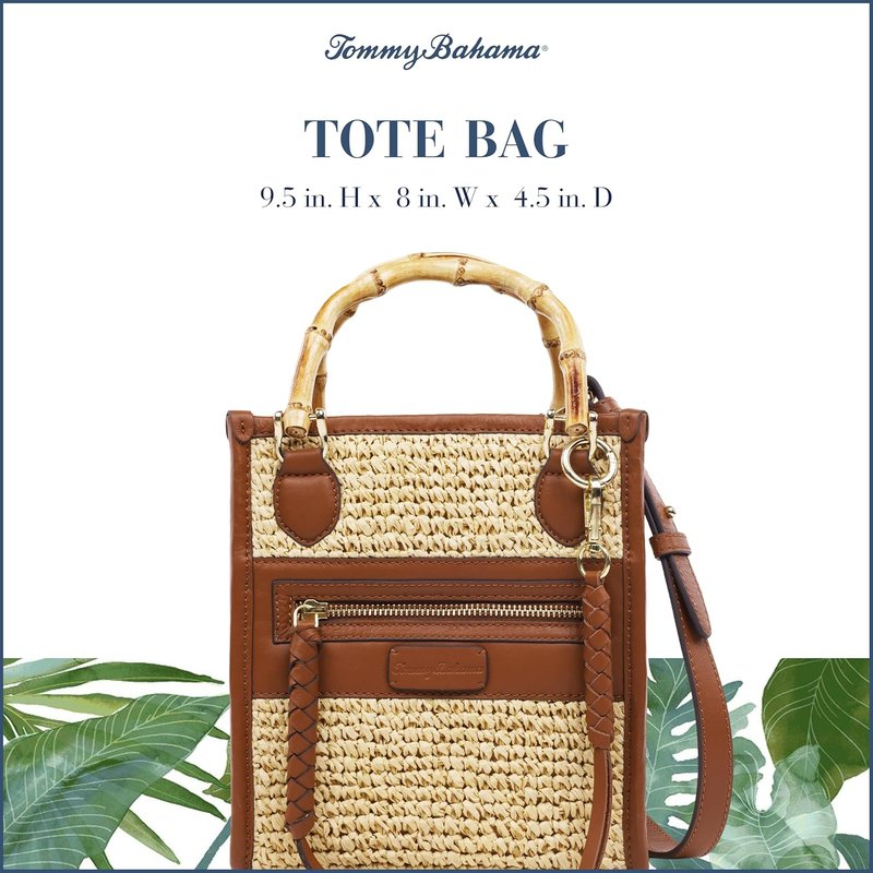 Raffia Tote Bag - Structured Summer Handbag with Bamboo Handle | Crossbody Strap, Cognac & Natural
