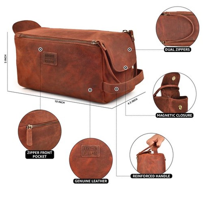LEATHER VILLAGE Premium Leather Travel Toiletry Bag - Unisex Water-Resistant Travel Dopp Kit, Shaving & Cosmetic Organizer for Men & Women - Compact Bathroom Essentials - Red Brown