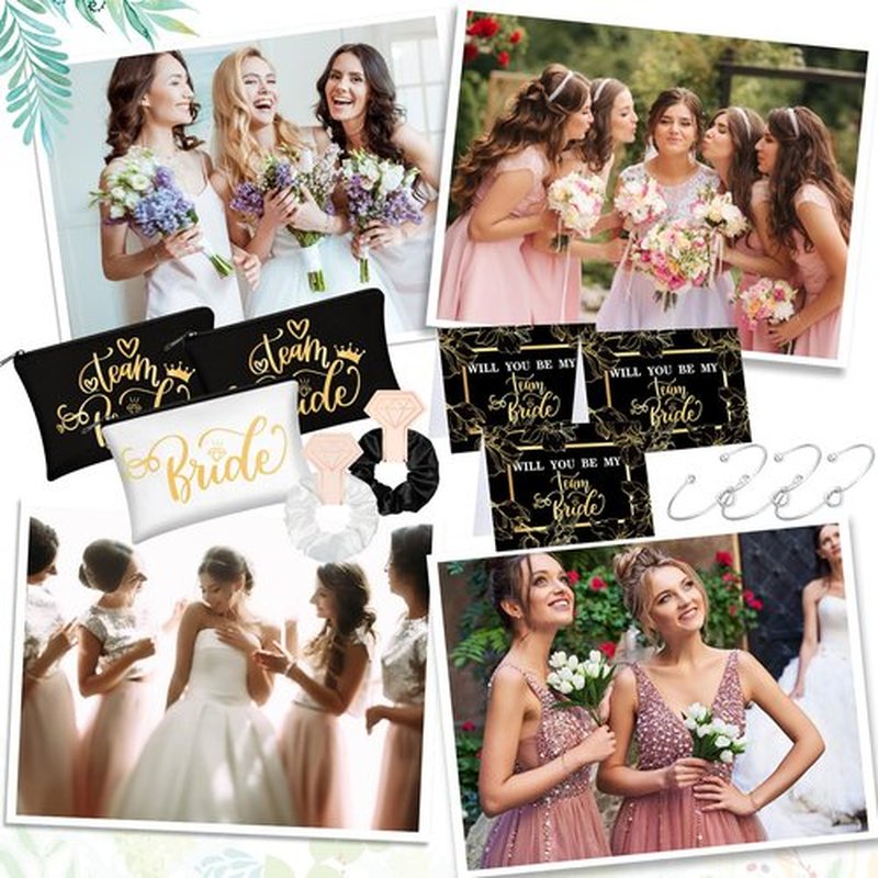 63 Pcs Bridesmaid Proposal Gifts Bulk Maid of Honor Gifts Matron of Honor Gifts Brides Bridesmaid Cosmetic Makeup Bag Hair Knotted Bracelets Invitation Cards for Wedding Bachelorette (Dark Style)