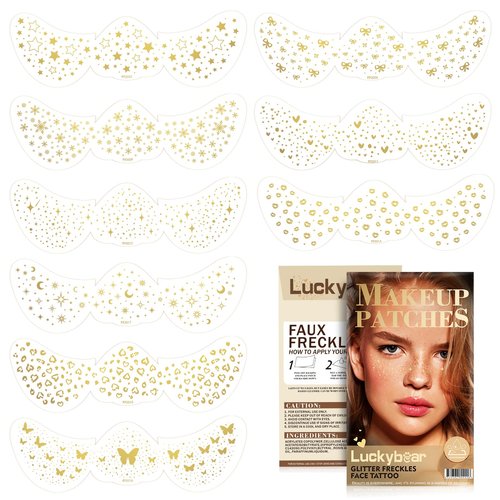 Face Glitter Freckles Makeup Patches Gold Glitter Freckles Face Tattoo 9 Style Set Speckles Sparkle Freckle Temporary Tattoo Beauty Face Freckles Waterproof Faux Fake Freckle for Music Party Makeup